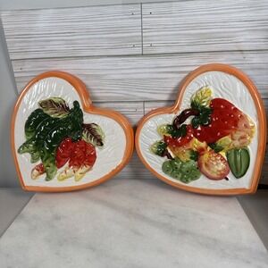 2 Vintage Porcelain Fruit Heart Shaped Wall Hanging 70's Kitchen Chalkware MCM